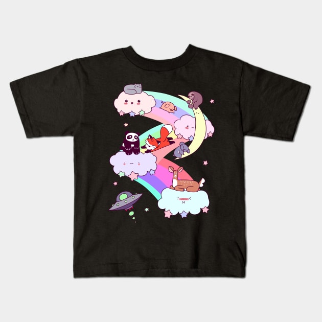 Rainbow Clouds and Animals Kids T-Shirt by saradaboru